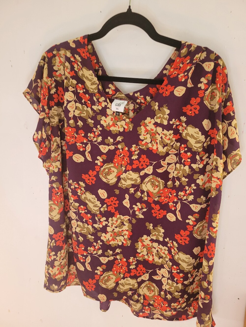 CAbi XXL Purple Floral V-Neck Blouse with Cream and Orange Accents